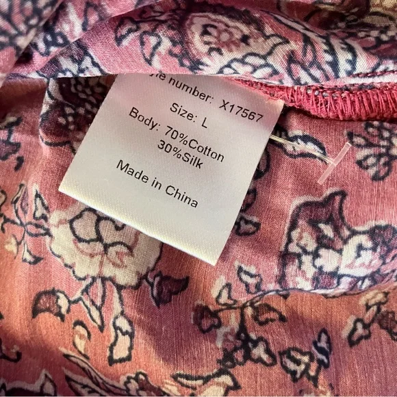 XiRENA Pink Wild Rose Floral Cotton Silk Boho Cottagecore Romi Top Blouse Large - Picture 10 of 10